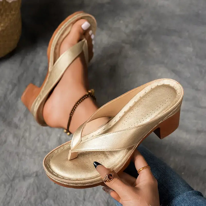 Gold Heels For Women | Thong Toe Block Heel Platform Sandals
