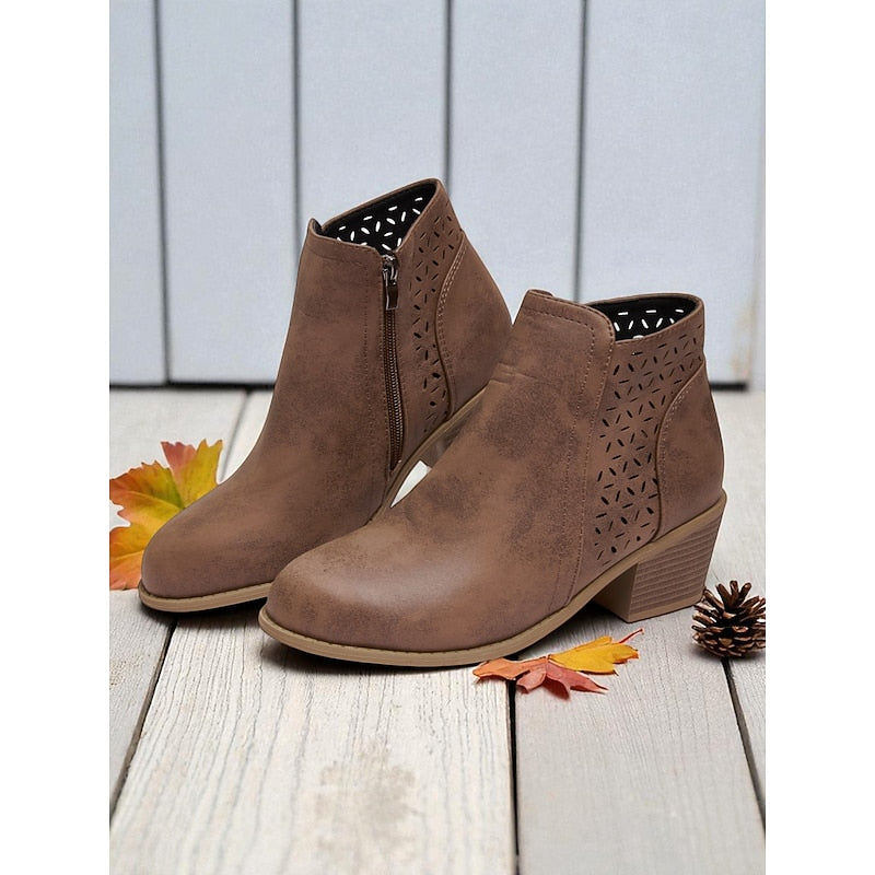 Women's Work Boots | Ankle Cutout Block Heel Zip Closure