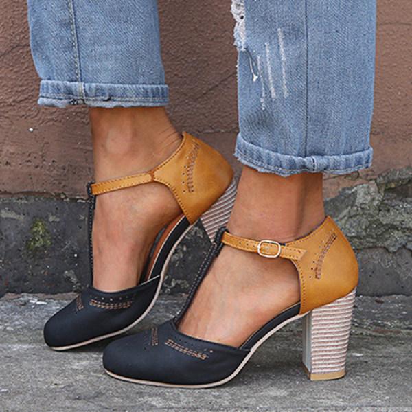 Women's Heels | T-Strap Block Heel Round Toe Two-Tone