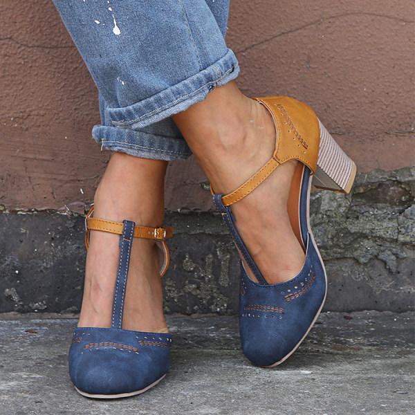 Women's Heels | T-Strap Block Heel Round Toe Two-Tone