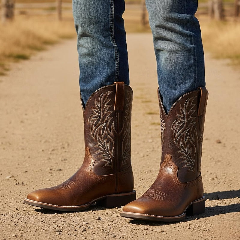 Men's Boots | Square Toe Block Heel Leather Pull Tab