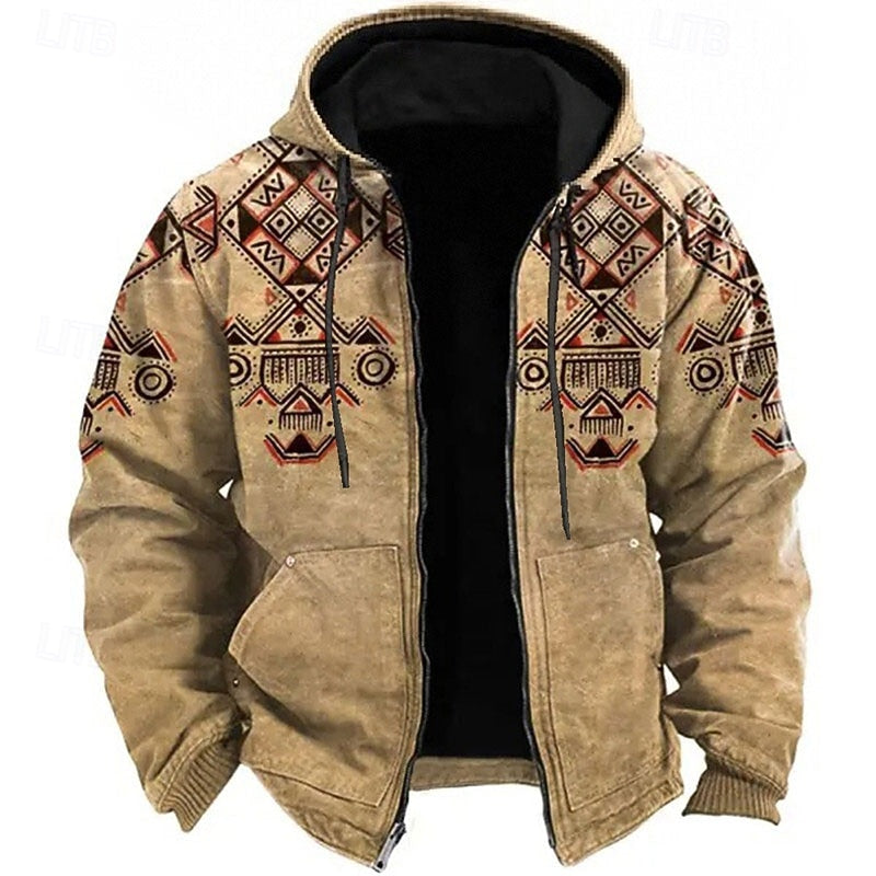 Men's Hooded Jacket | Geometric Print Hood Full Zip Pockets