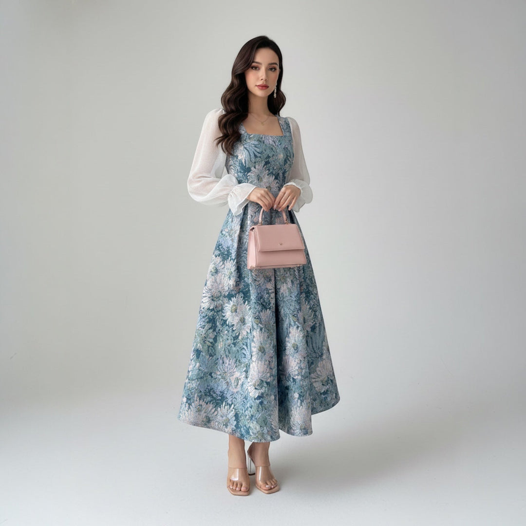 Women's Long Sleeve Dress | Midi Square Neck Floral Jacquard A-Line