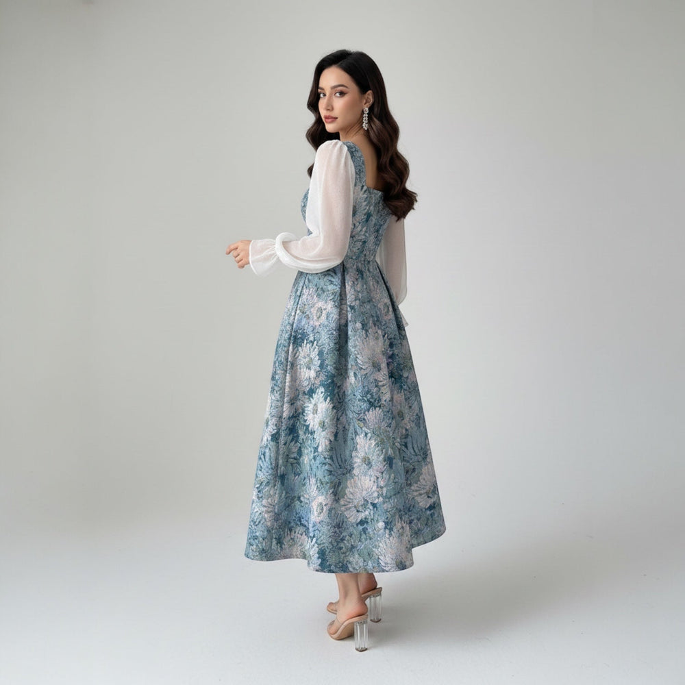 Women's Long Sleeve Dress | Midi Square Neck Floral Jacquard A-Line