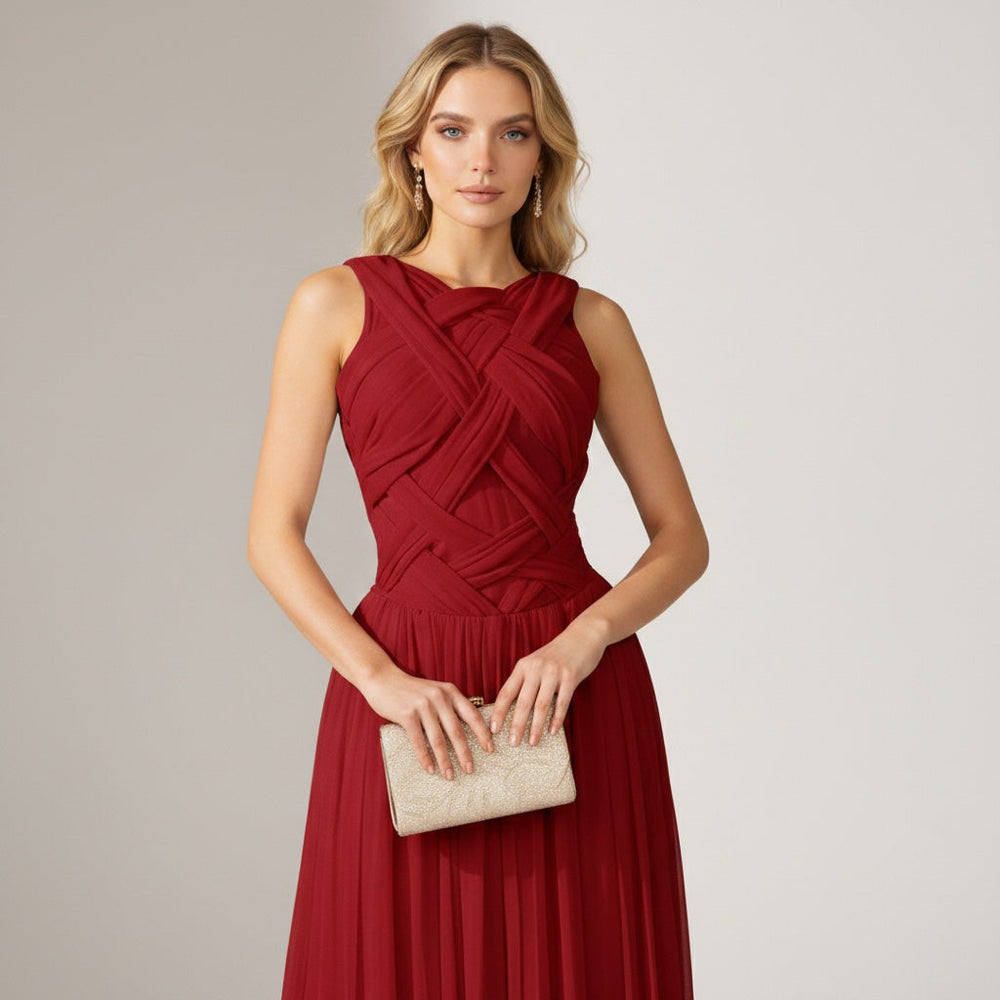 Women's Formal Evening Gown | Sleeveless Crisscross Pleated Midi