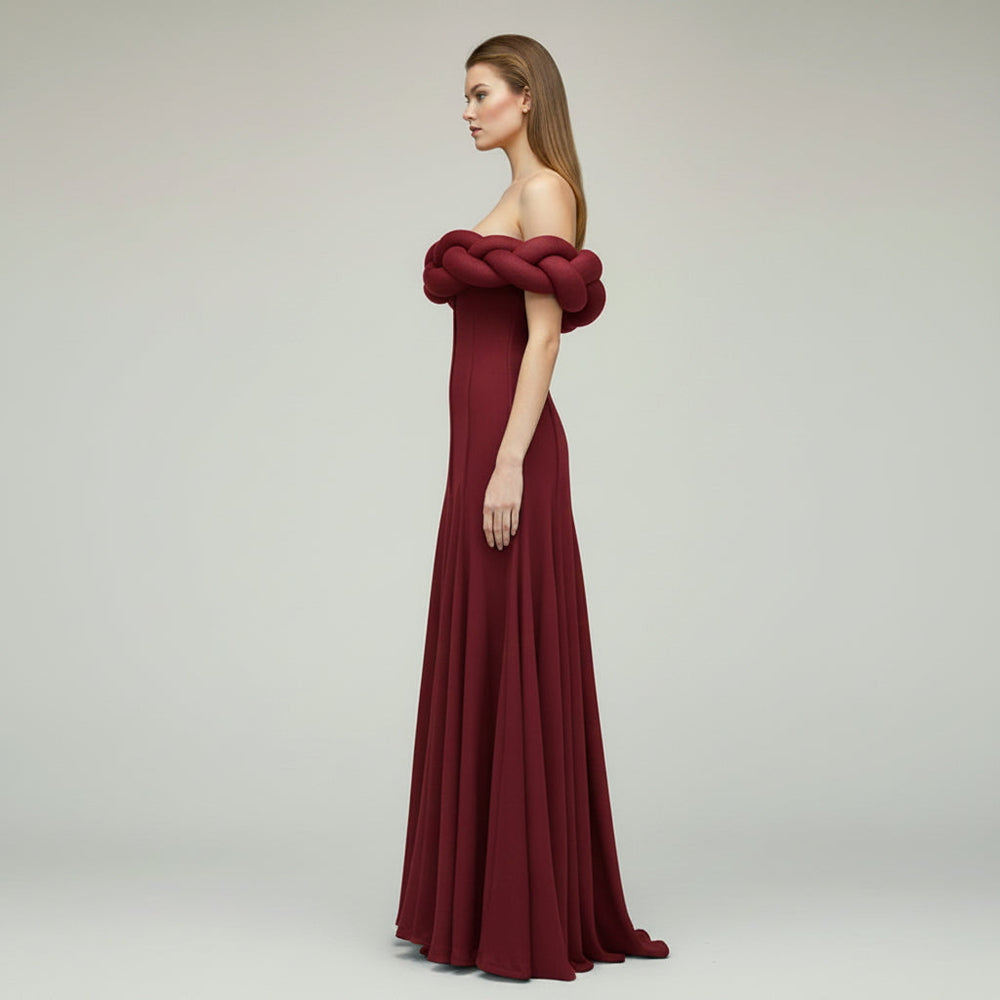 Women's Wedding Guest Dress | Maxi Off-Shoulder Braided Neckline