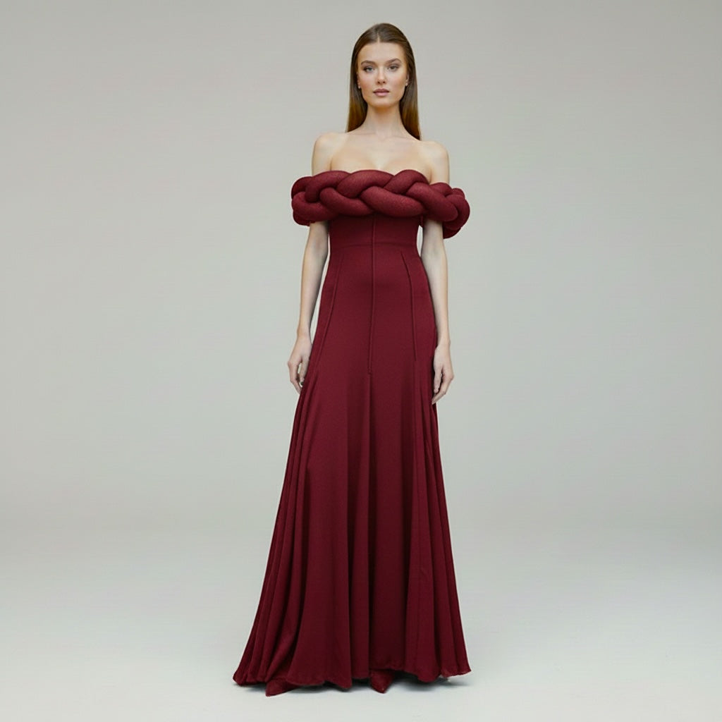 Women's Wedding Guest Dress | Off Shoulder Braided Neckline Maxi A-Line
