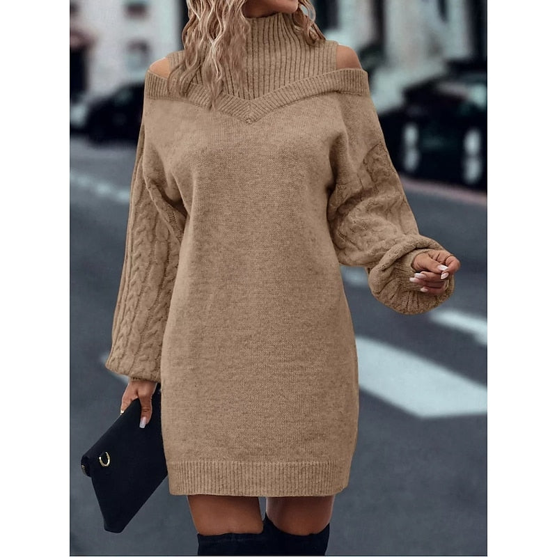 Women's Sweater Dress | Cold-Shoulder Turtleneck Knit