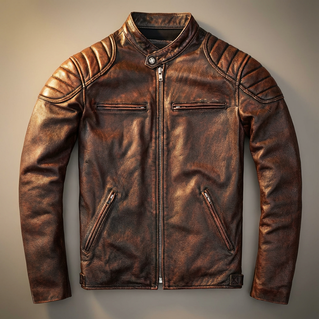 Men's Leather Jacket | Stand Collar Zip Closure Quilted Shoulder Panels