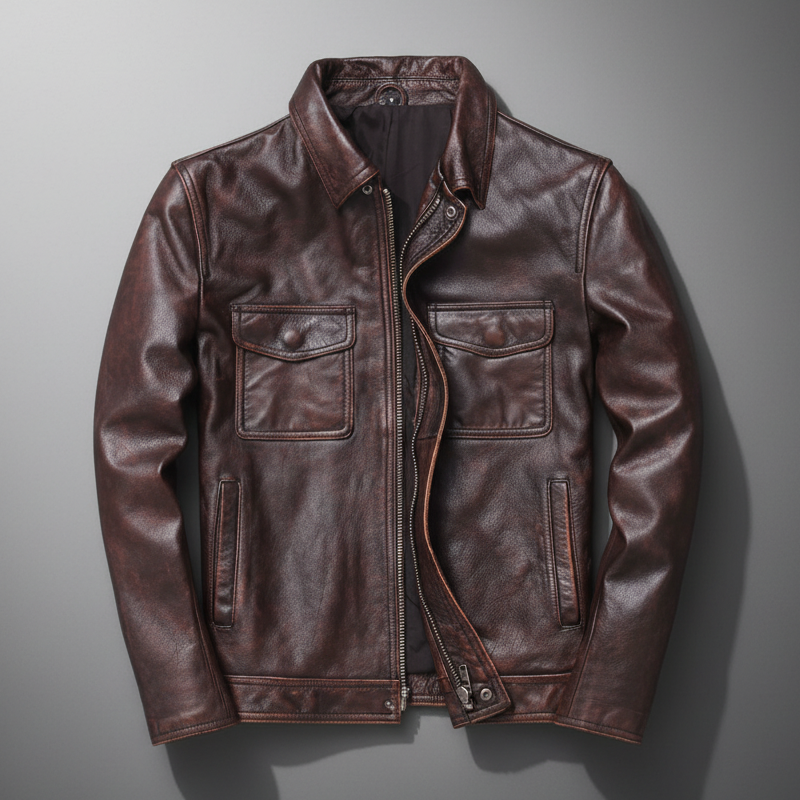 Men's Leather Jacket | Point Collar Zip Closure Flap Pockets Regular Fit