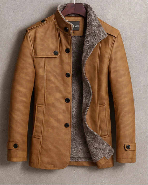 Men's Leather Jacket | Stand Collar Faux Fur Lined Slim Fit Long