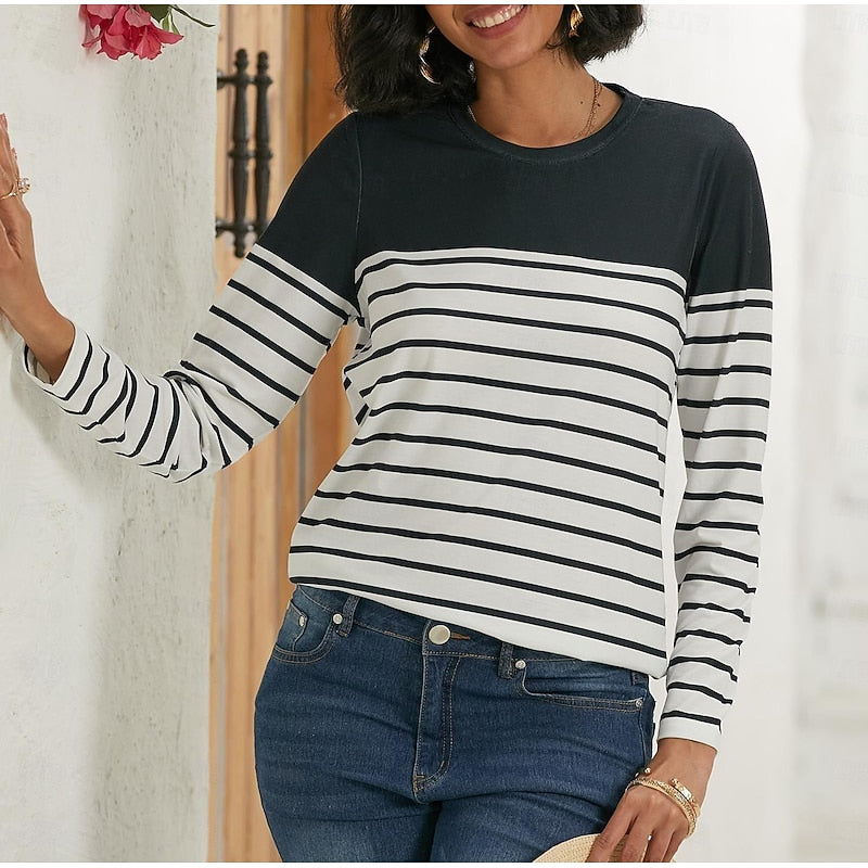 Women's Long Sleeve Top | Striped Round Neck Colorblock Knit