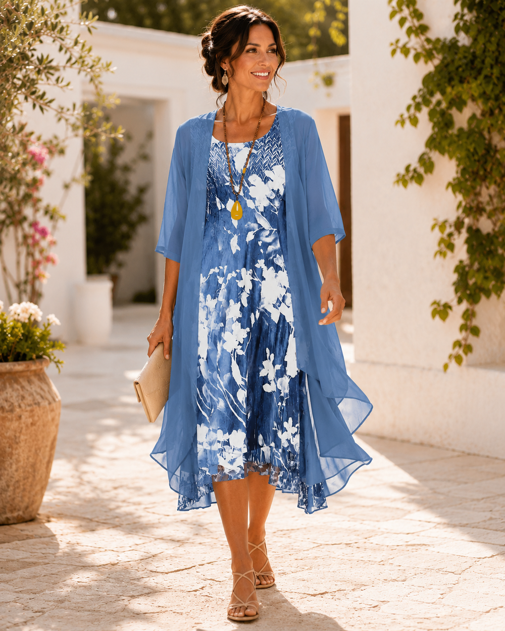 Women's Wedding Guest Gown | Midi Floral Print Sheer Overlay Sleeve