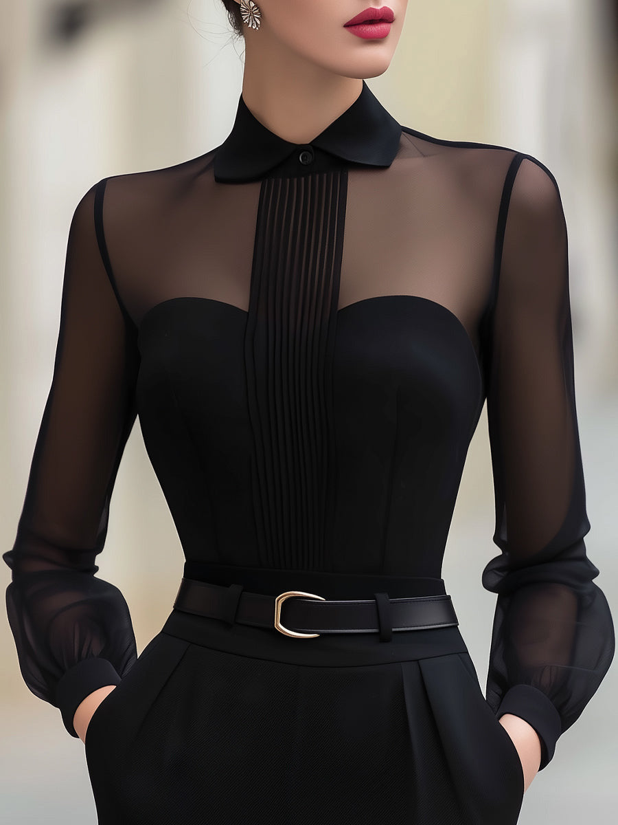 Women's Long Sleeve Top | Sheer Mesh Shirt Collar Pleated Front Fitted