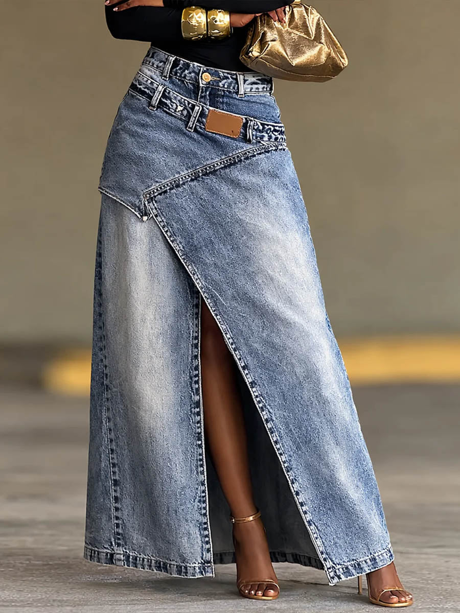 Women's Denim Skirt | Maxi Front Slit Asymmetric Waist Button Closure