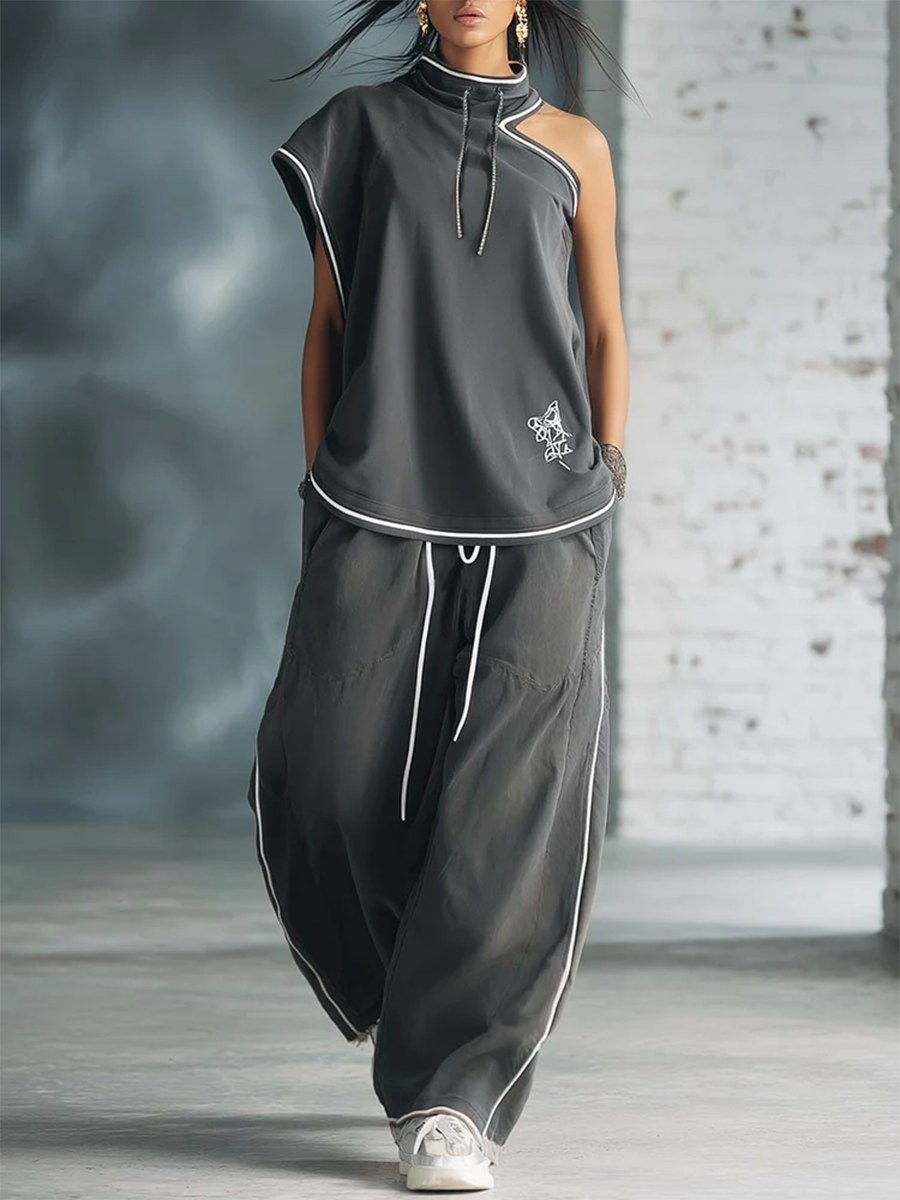 Women's Hoodie | Asymmetric Neck Sleeveless Contrast Trim Knit