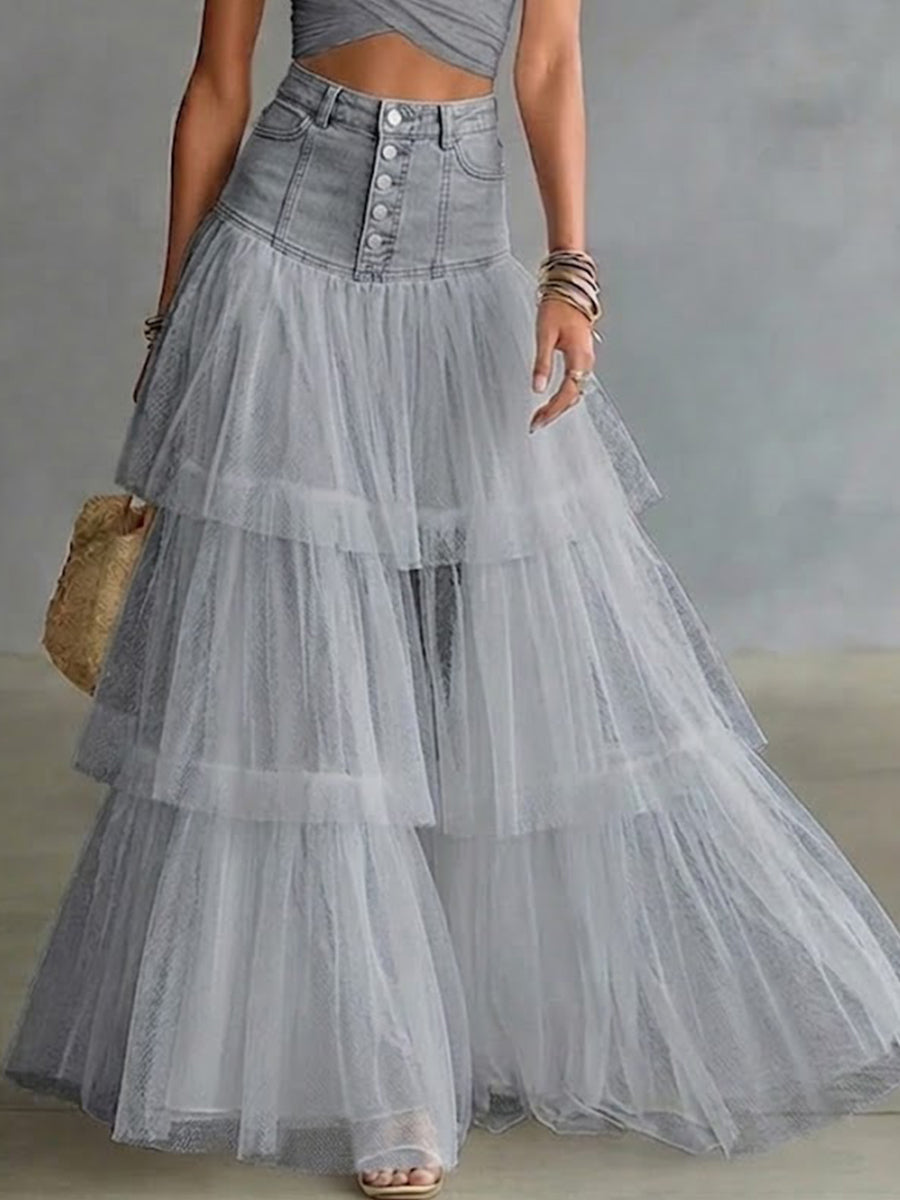 Women's Denim Skirt | Maxi Length Tiered Mesh Hem Button Fly