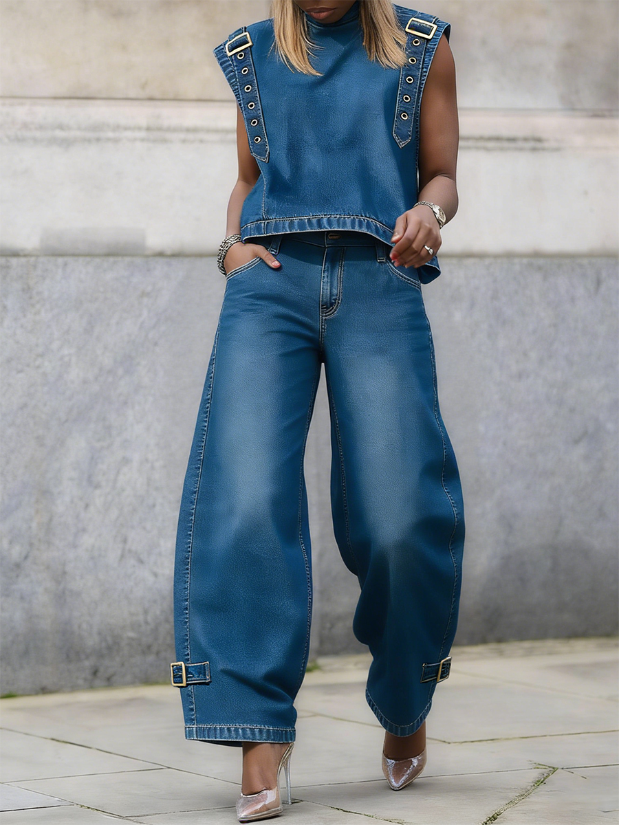 Women's Baggy Jeans | Wide Leg Buckle Strap Denim High Waist