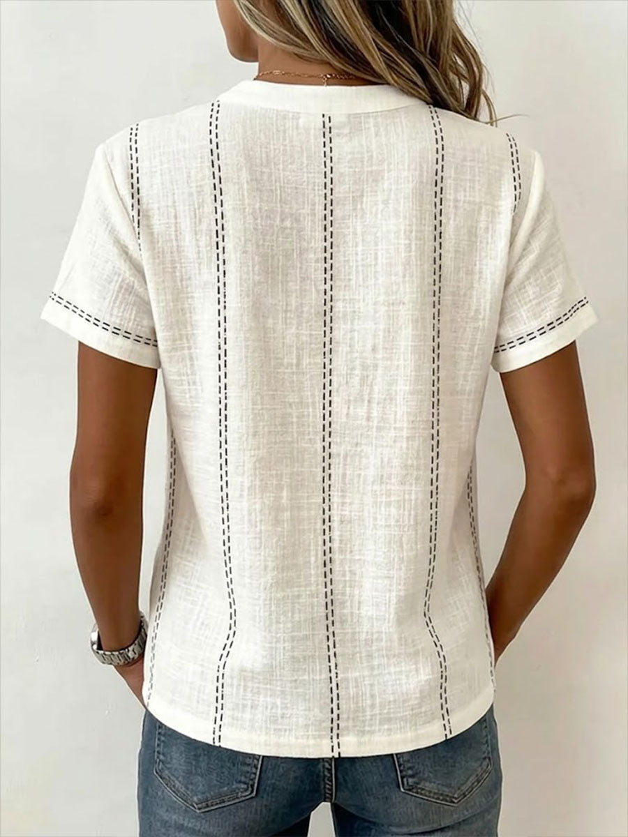 Women's Top | V-Neck Short Sleeve Button Front Linen