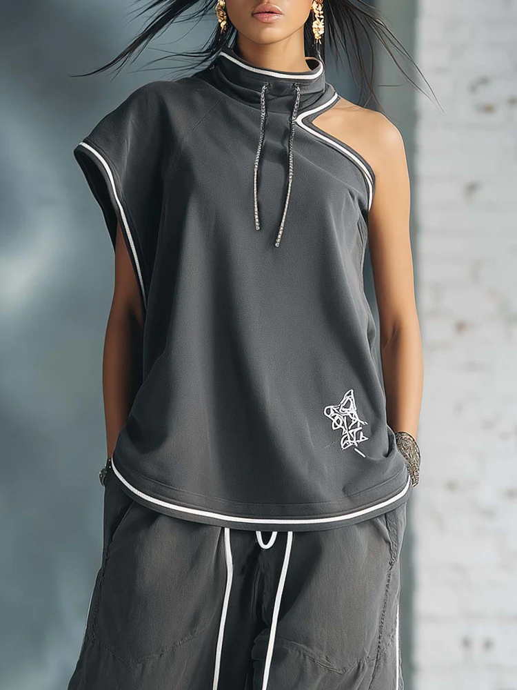 Women's Hoodie | Asymmetric Neck Sleeveless Contrast Trim Knit
