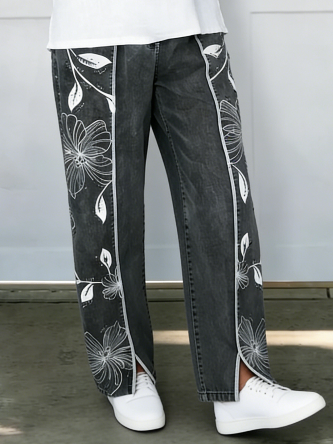 Women's Jeans | Floral Print Wide Leg Elastic Waist Denim