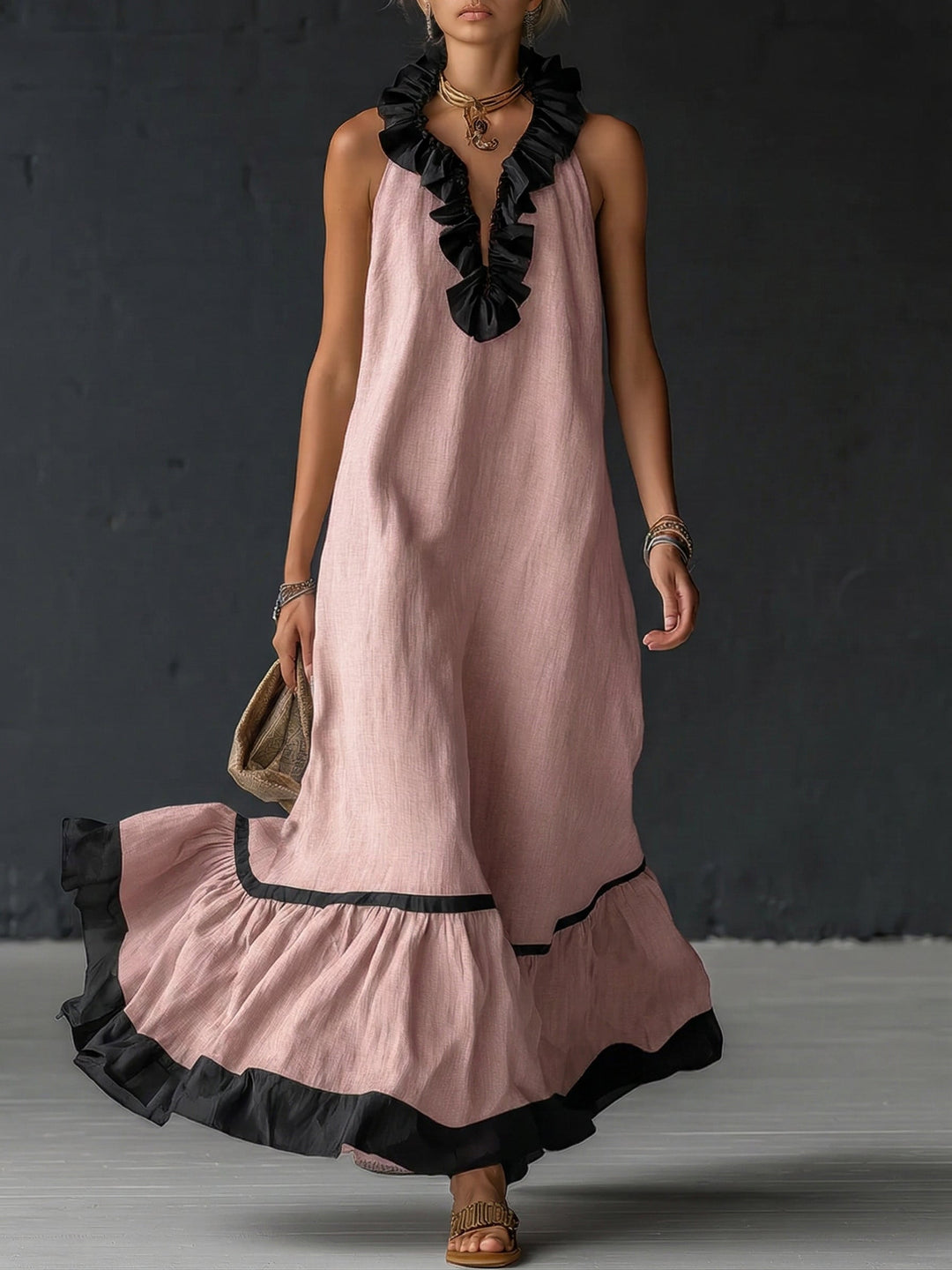 Women's Maxi Dress | Ruffle Neck Sleeveless Color-block Linen Blend