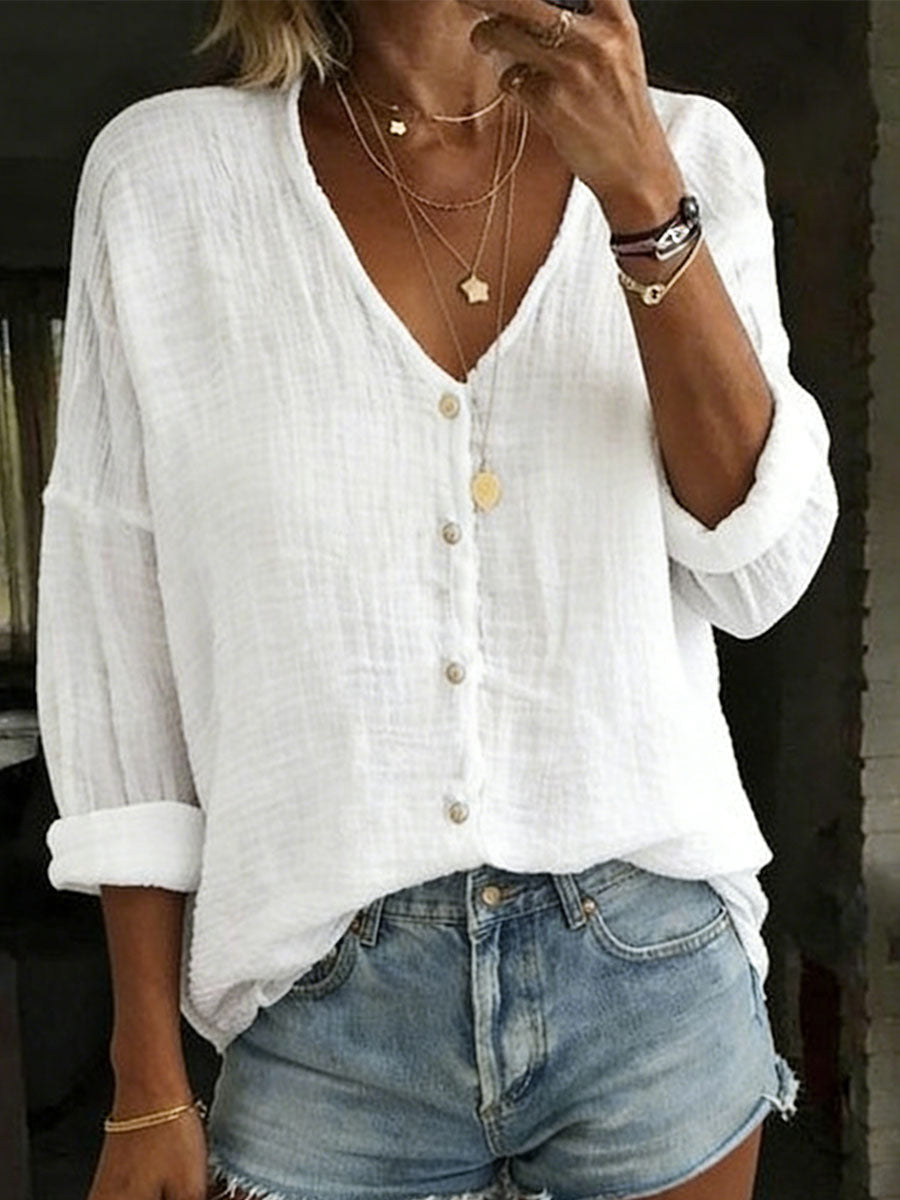 Women's Long Sleeve Shirt | V Neck Button Closure Relaxed Fit Linen Blend