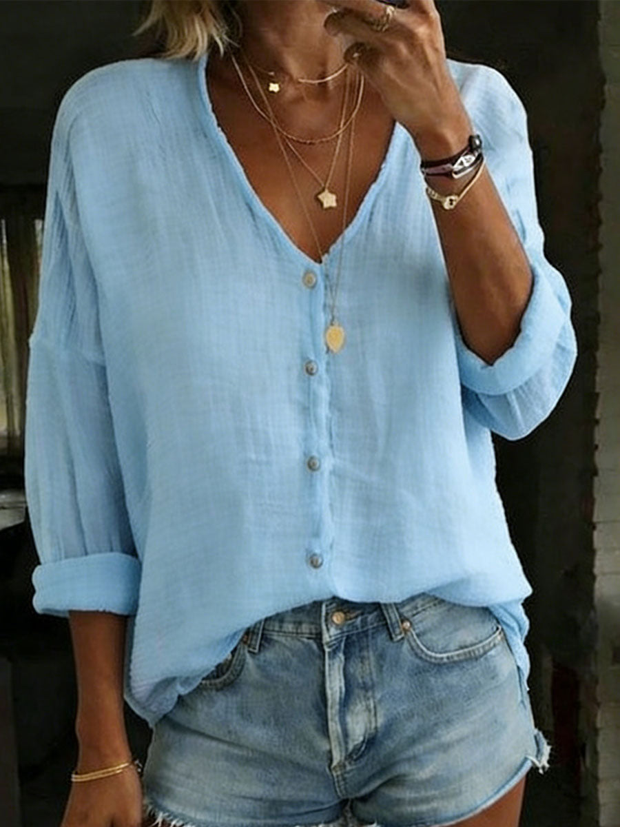 Women's Long Sleeve Shirt | V Neck Button Closure Relaxed Fit Linen Blend