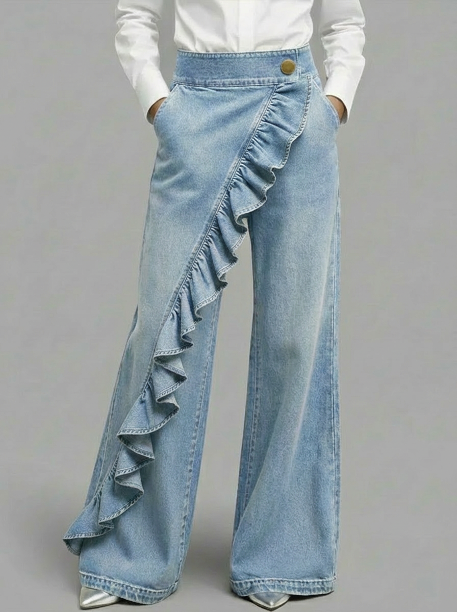 Women's Wide Leg Jeans | High Waist Ruffle Trim Zipper Fly Denim