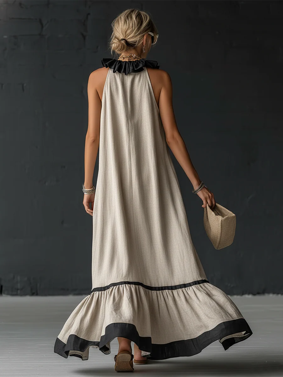 Women's Maxi Dress | Ruffle Neck Sleeveless Color-block Linen Blend