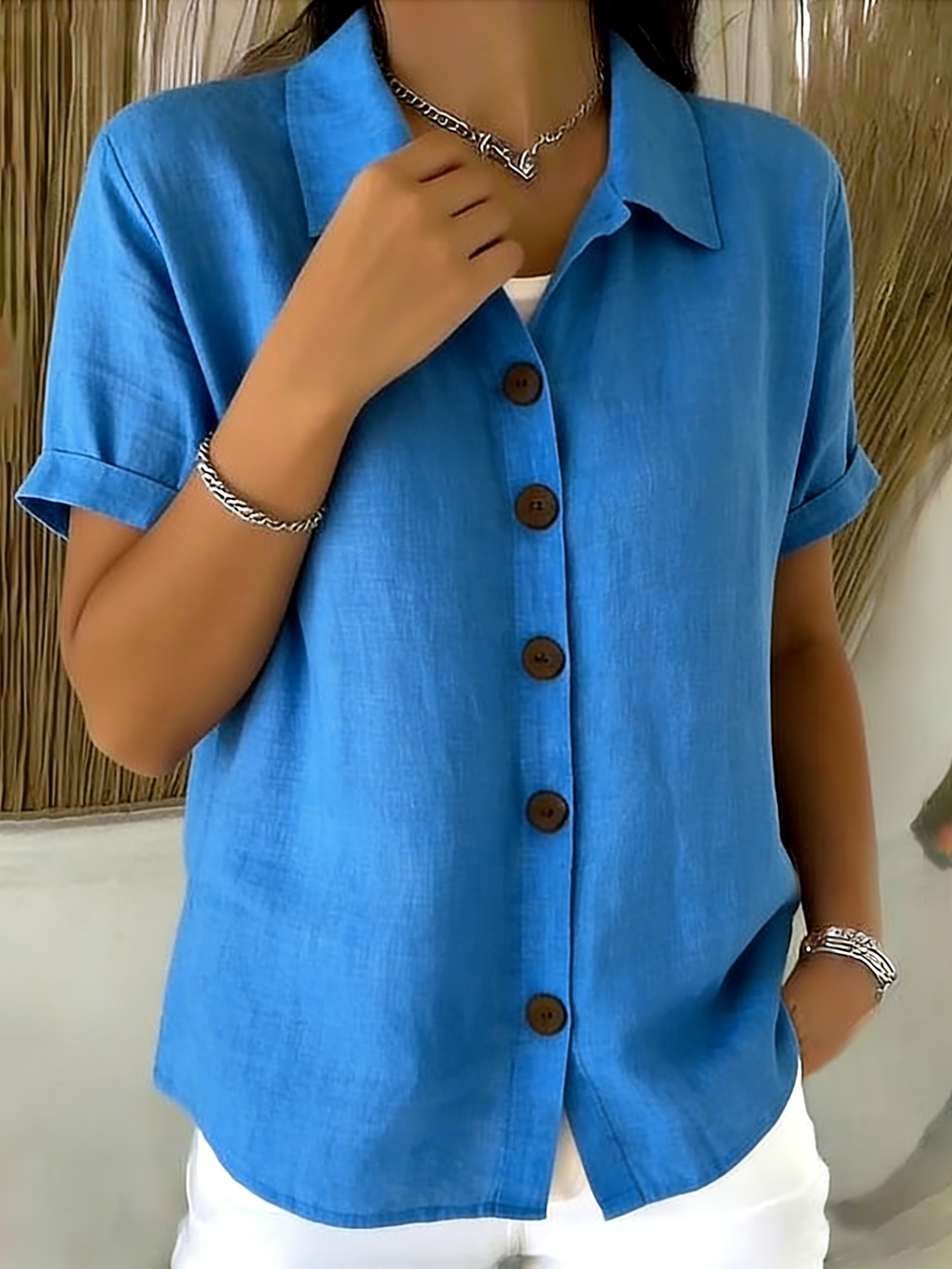 Women's Blouse | Spread Collar Short Sleeve Button-Up Linen