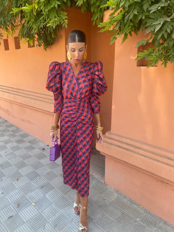 Women's Wedding Guest Dress | Midi V Neck Puff Sleeve Wrap