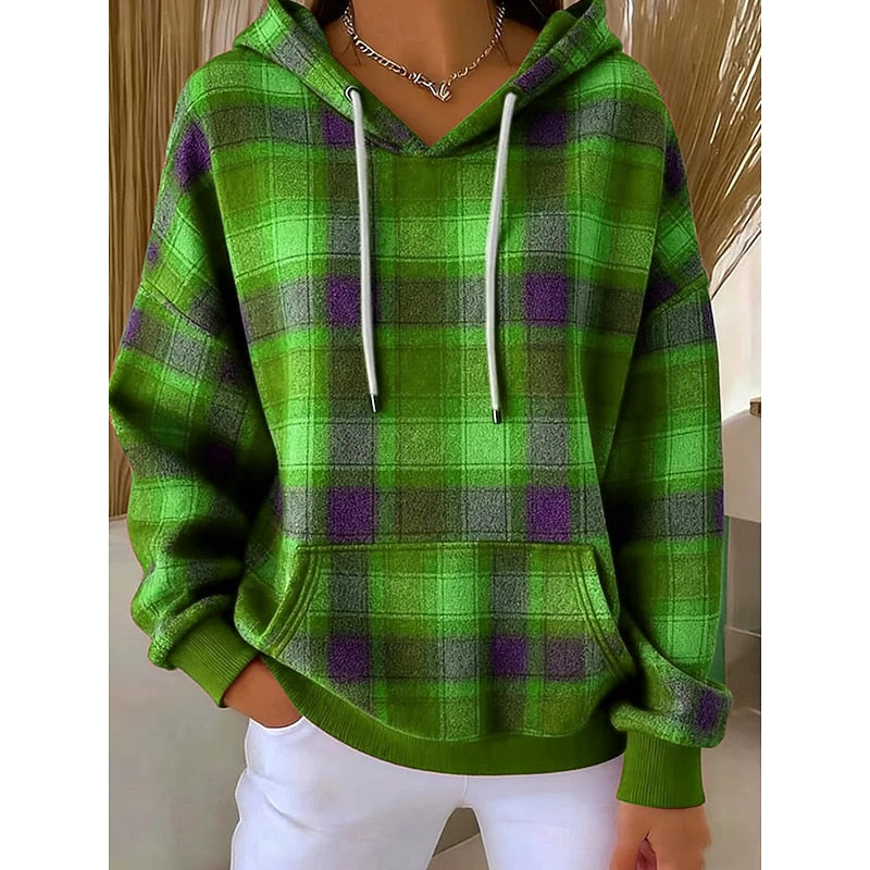 Women's Comfy Hoodie | Plaid Print Drawstring Hood Front Pocket