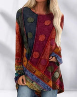 Women's Patchwork T Shirt | Long Sleeve Round Neck Geometric Print