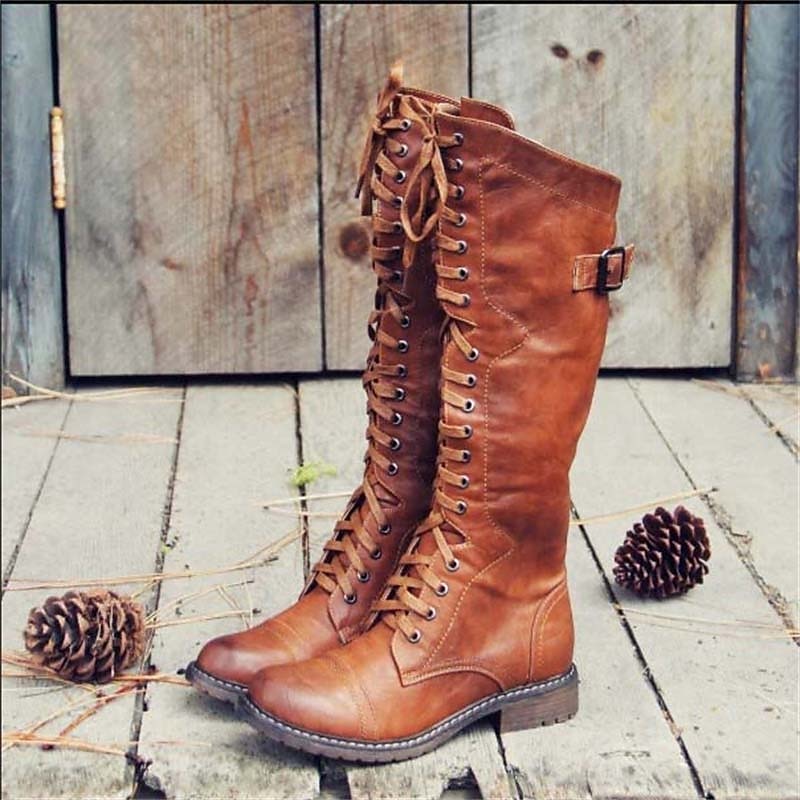 Women's Knee High Boots | Lace-Up Side Buckle Low Heel Leather