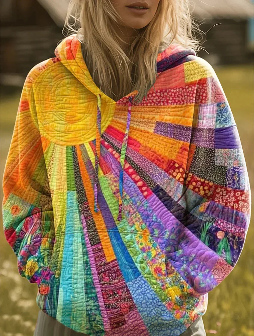 Women's Hoodie | Patchwork Print Drawstring Hood Long Sleeve Knit