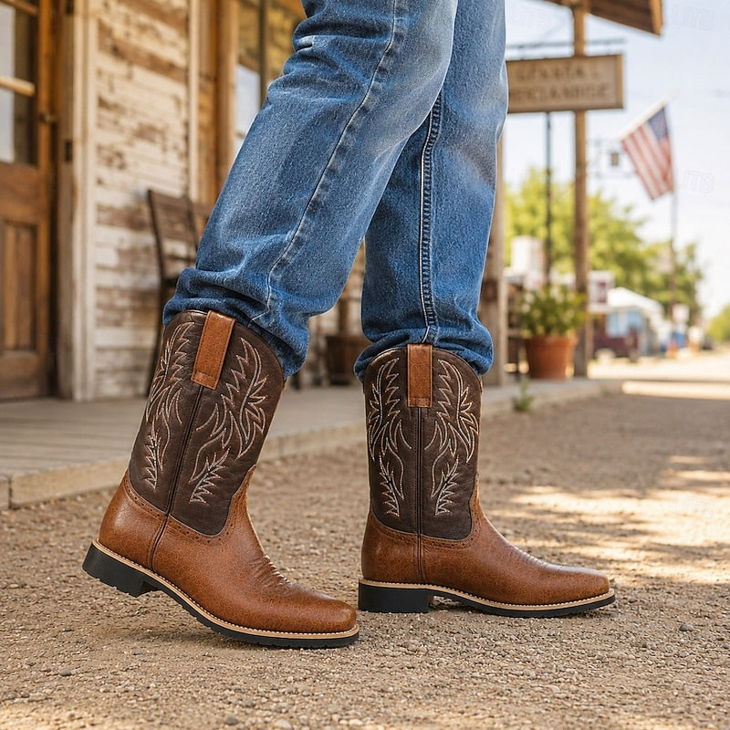 Men's Boots | Square Toe Block Heel Leather Pull Tab