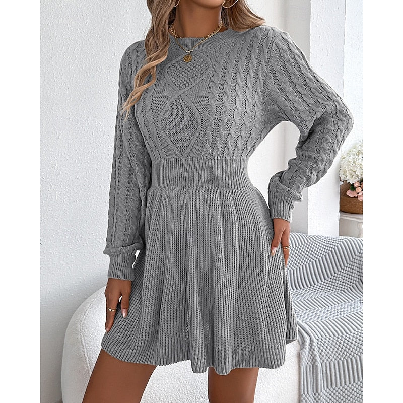 Women's Sweater Dress | Midi Cable-Knit Crew Neck Long Sleeve