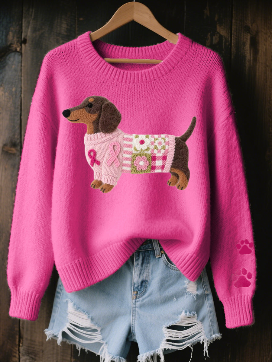 Women's Holiday Sweater | Knit Crew Neck Dachshund Embellishment