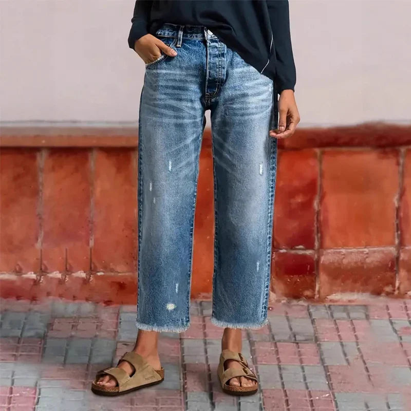 Women's Jeans | Cropped Straight Leg Frayed Hem Distressed Denim