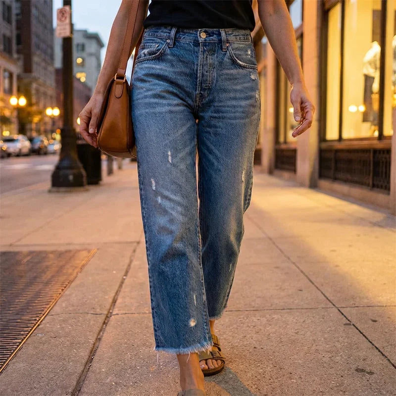Women's Jeans | Cropped Straight Leg Frayed Hem Distressed Denim