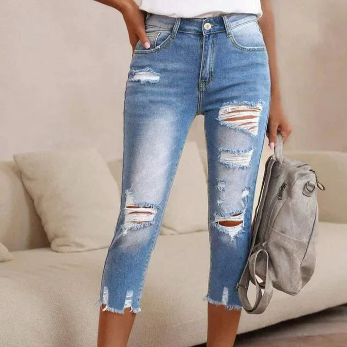 Women's Jeans | Distressed Skinny Cropped Raw Hem Denim