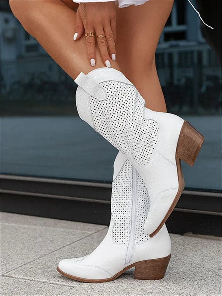 Taren | Pointed-Toe Perforated Western Block-Heel Boots for Women