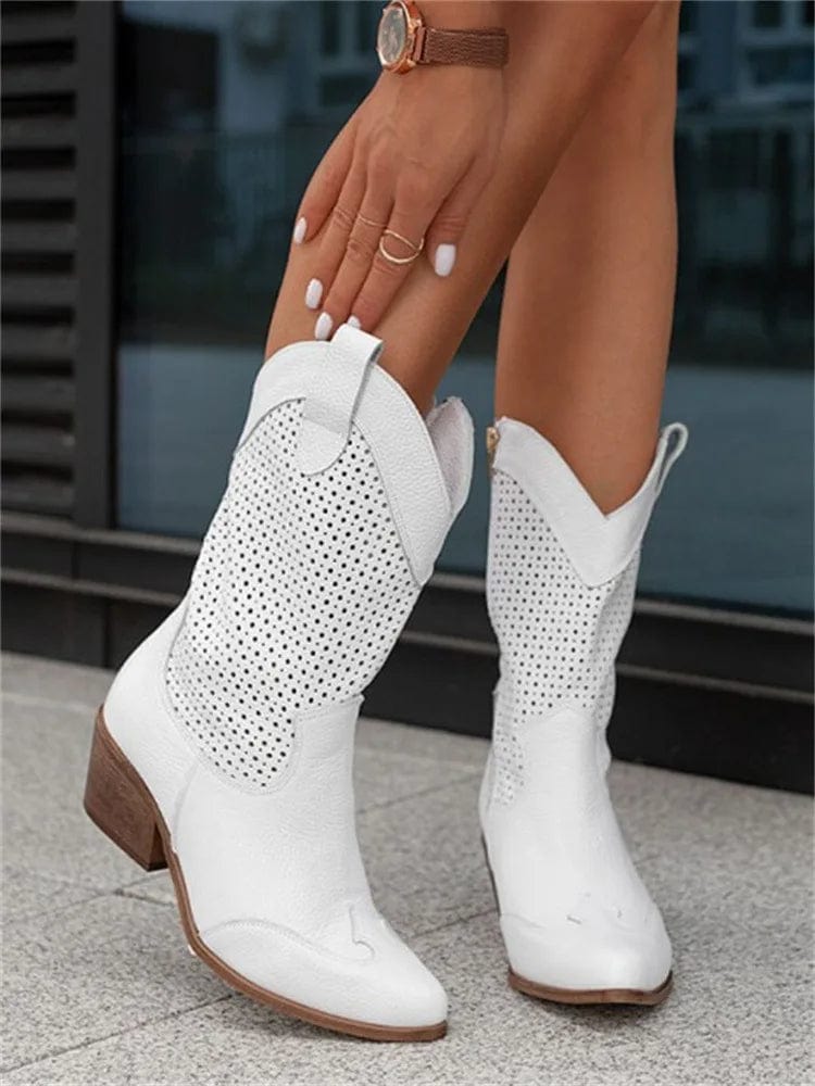 Taren | Pointed-Toe Perforated Western Block-Heel Boots for Women
