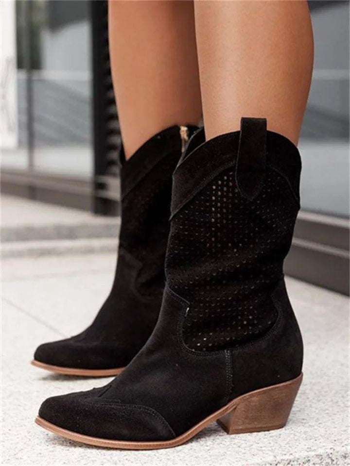 Taren | Pointed-Toe Perforated Western Block-Heel Boots for Women