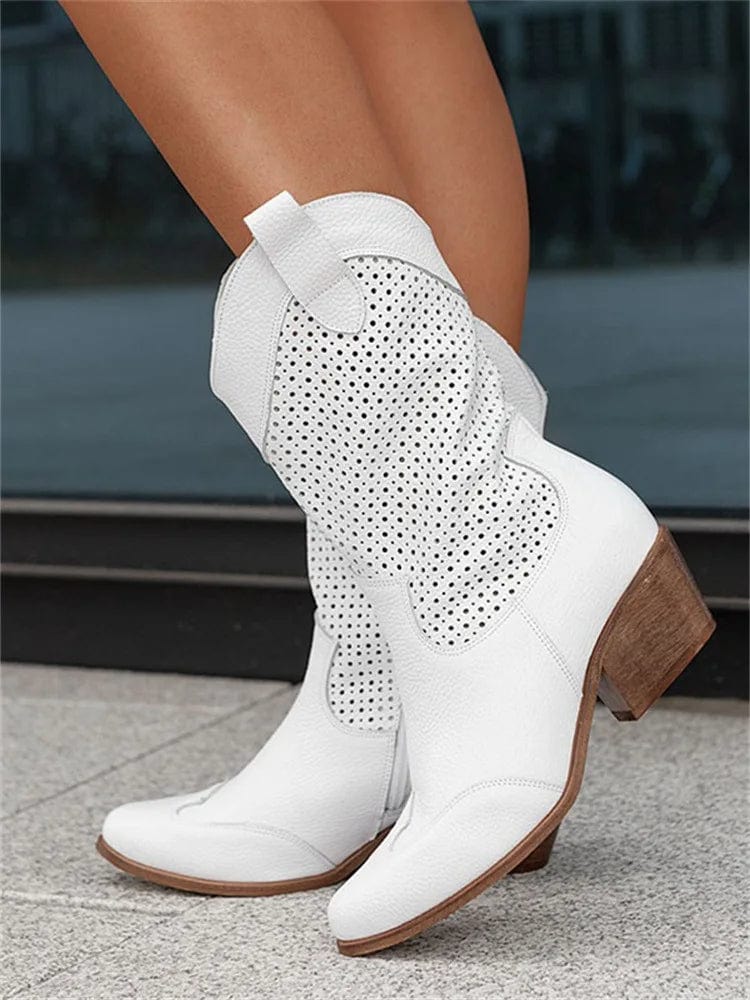 Taren | Pointed-Toe Perforated Western Block-Heel Boots for Women