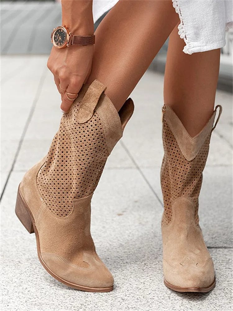 Taren | Pointed-Toe Perforated Western Block-Heel Boots for Women