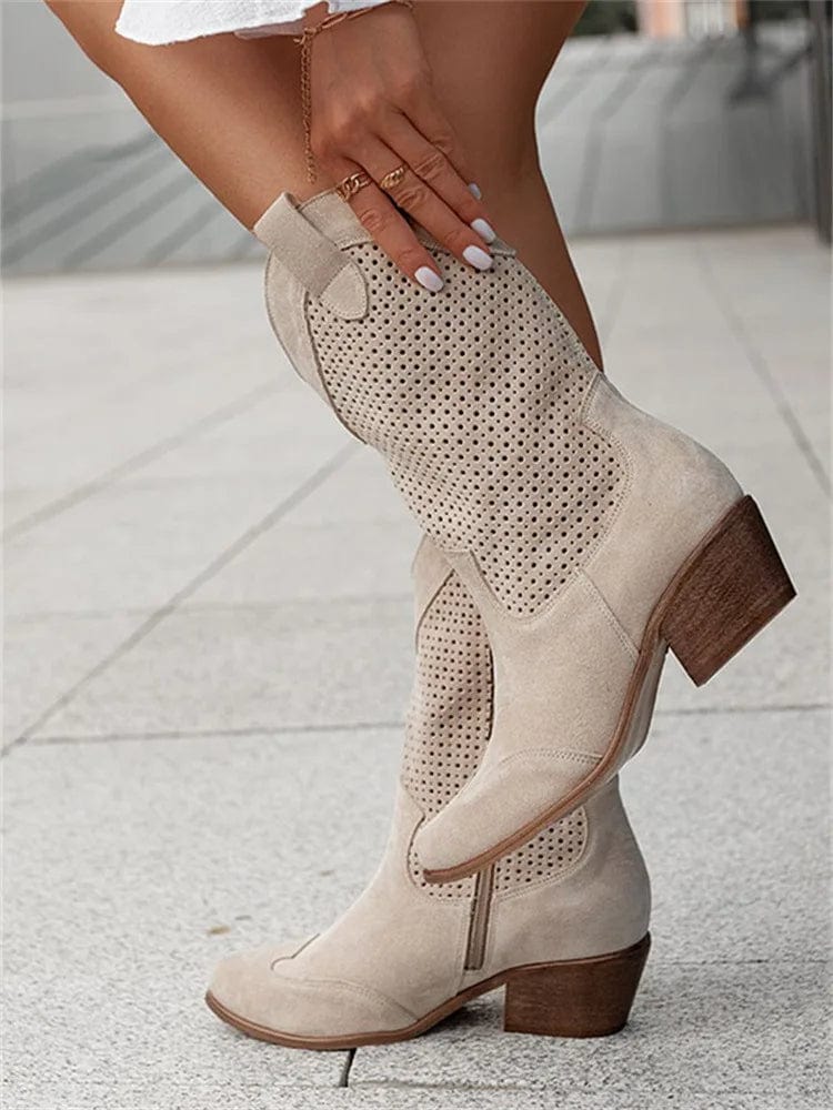 Taren | Pointed-Toe Perforated Western Block-Heel Boots for Women