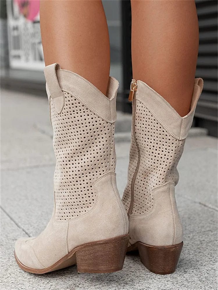 Taren | Pointed-Toe Perforated Western Block-Heel Boots for Women