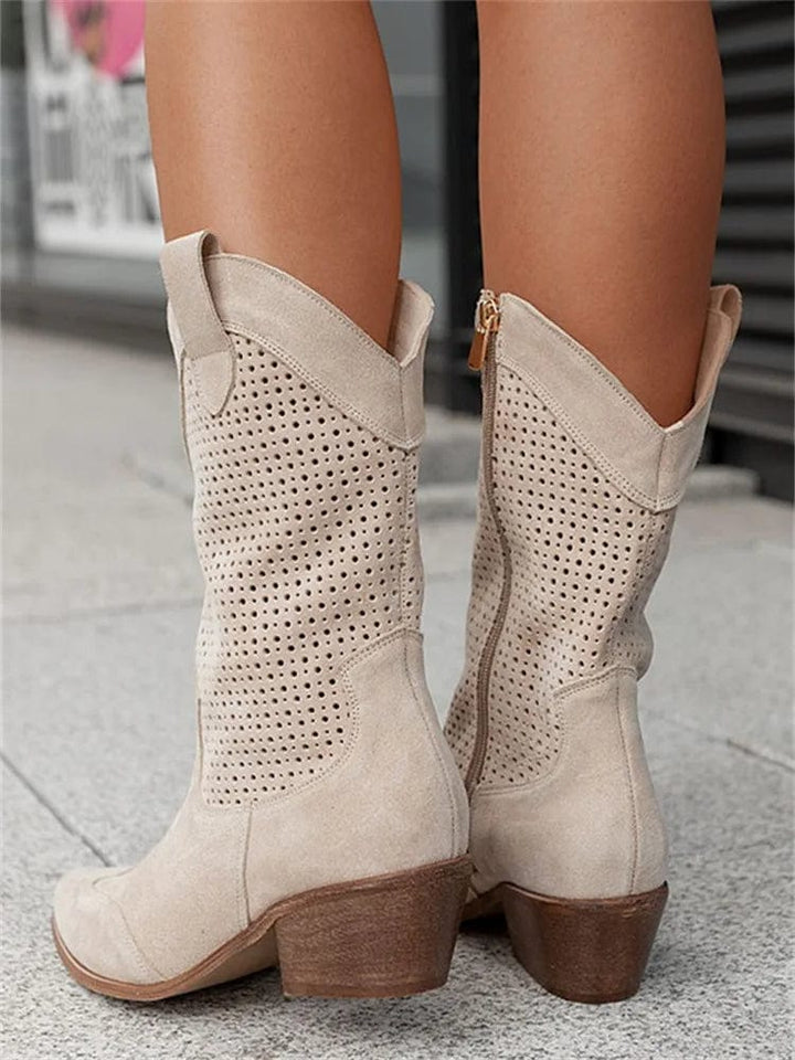 Taren | Pointed-Toe Perforated Western Block-Heel Boots for Women